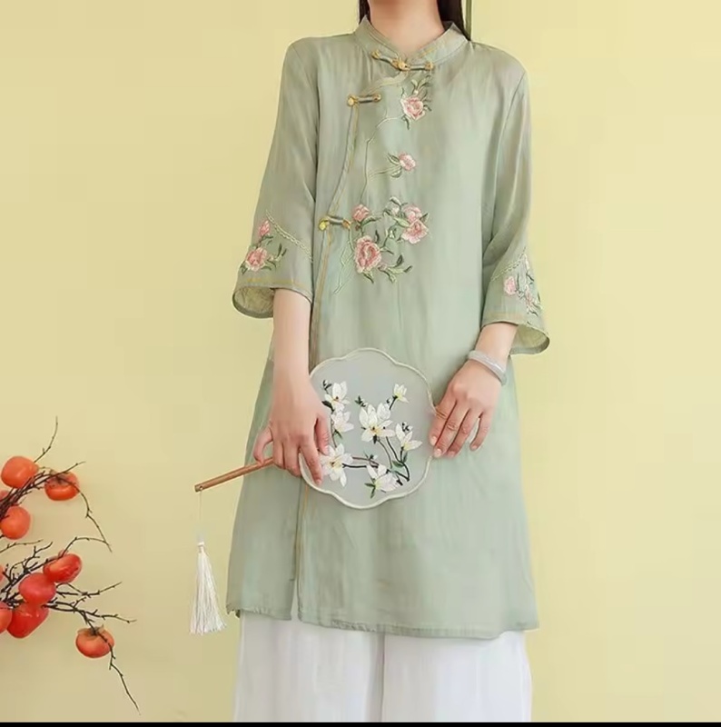 Camicia Midi Donna Retro Cinese in Cotone Lino Ricamata Vestibilità Ampia