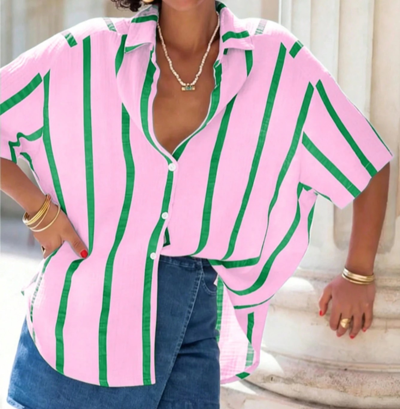Camisa Listrada Casual Elegante Charmosa de Verão