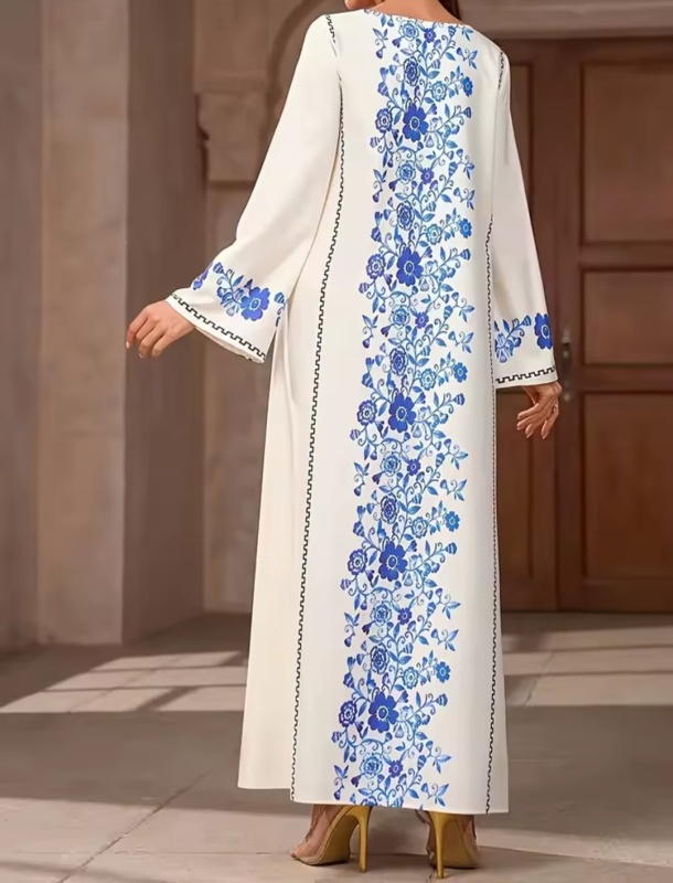 Casual and Elegant Women's Fashion Style-Floral Printed Solid-Colored Round-Neck Robe Dress [Beauty]