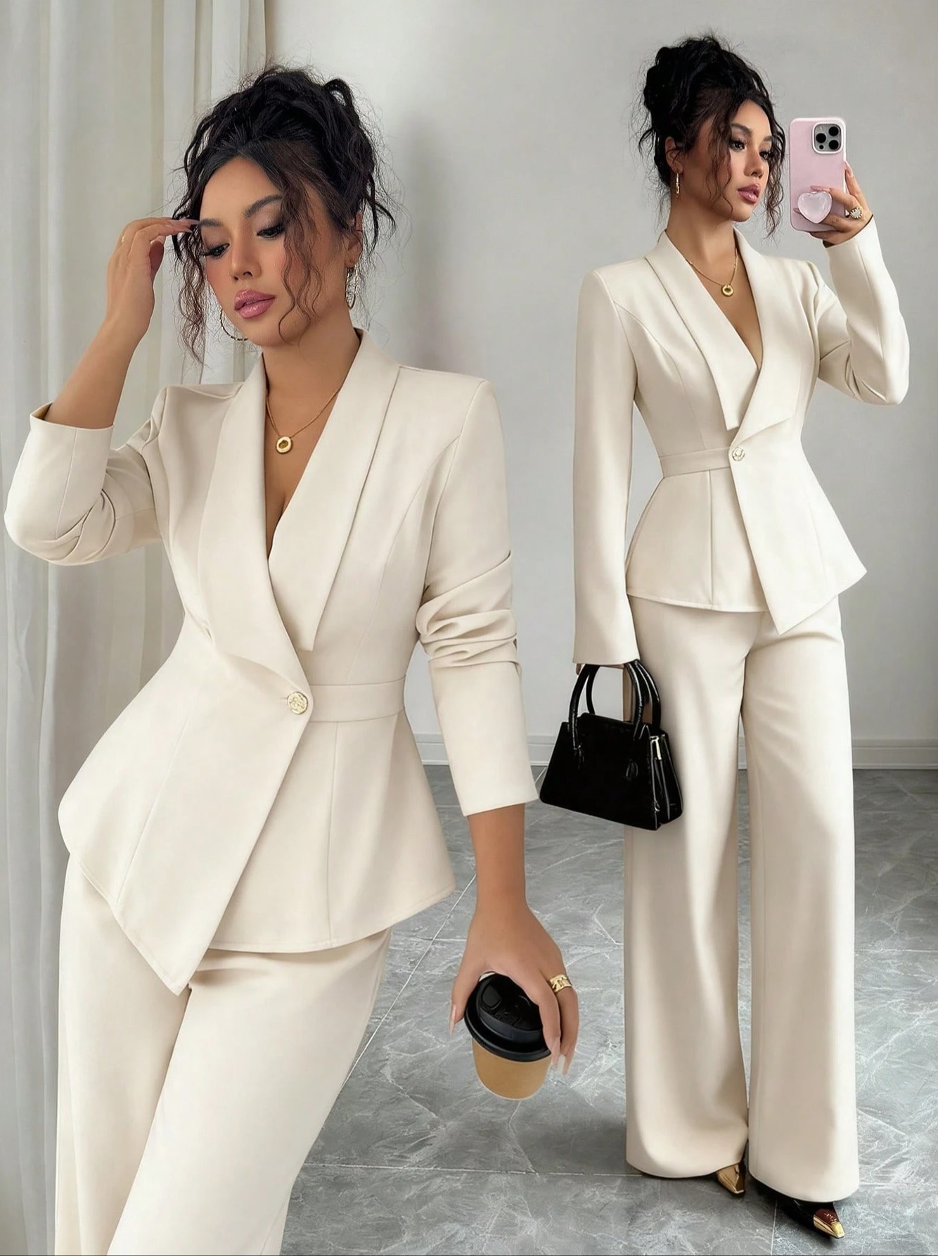 Conjunto de Traje para Mujeres Lenzga Crema Blanco, Elegante, Oficina
