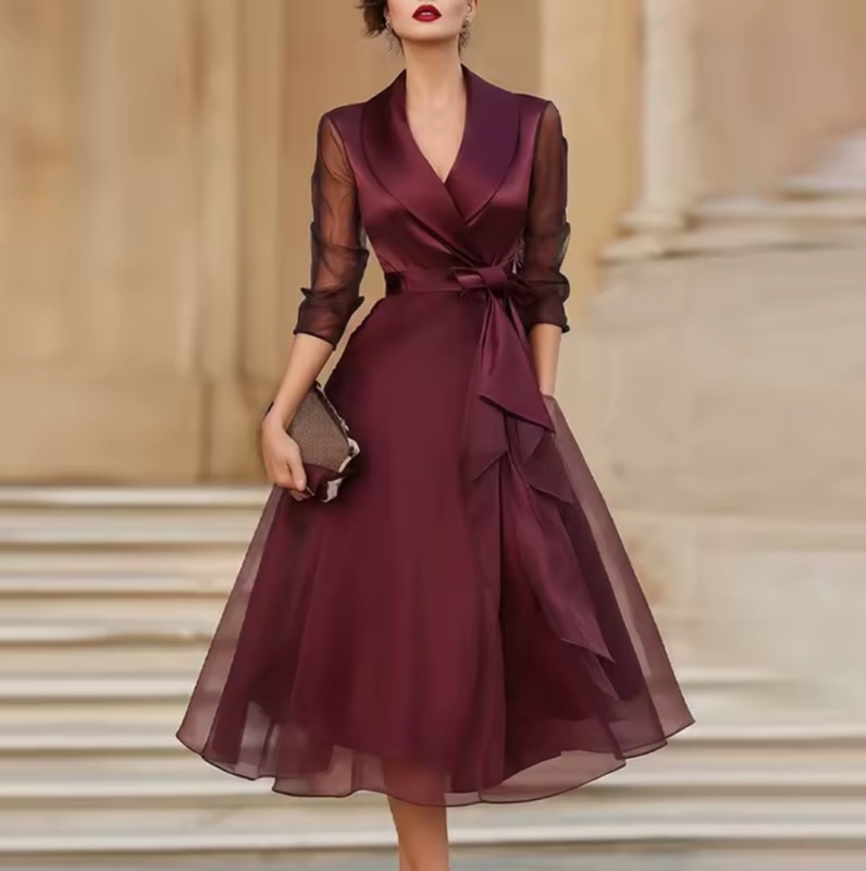 Elegant Lapel Ruffle Mesh Party Dress Women Spring Solid High Waist Bowknot Flowy Maxi