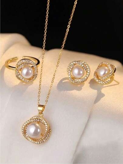 Ensemble de Bijoux en Acier Inoxydable 4pcs, Incluant Collier, Boucles d'Oreilles Et Bague