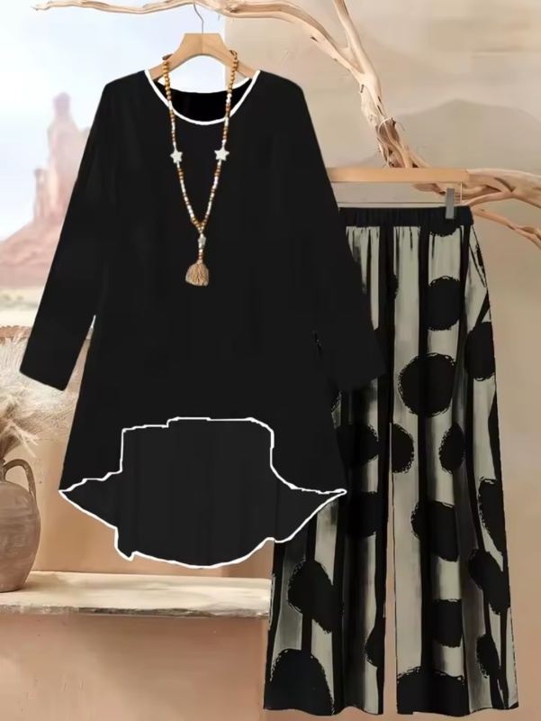 Ensemble Deux Pièces Motif Géométrique Grande Taille Femme avec Hauts à Col Jardin et Pantalons