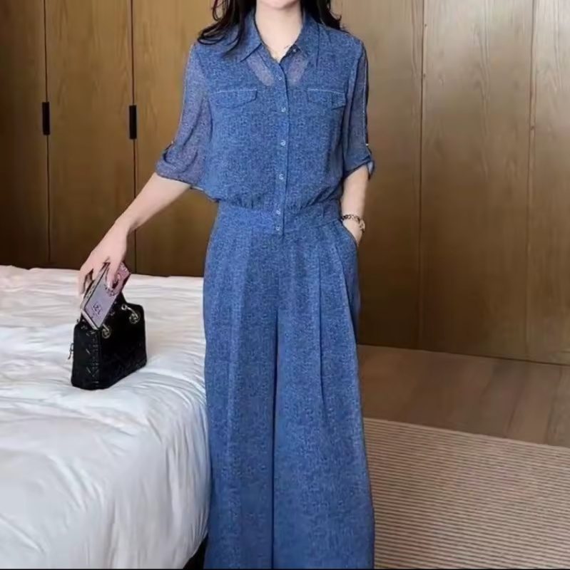 Fashion Chiffon Suit Women's 2026 Spring New Thin Versatile Short-Sleeved Shirt Wide-Leg Pants Two-Piece Set Trendy