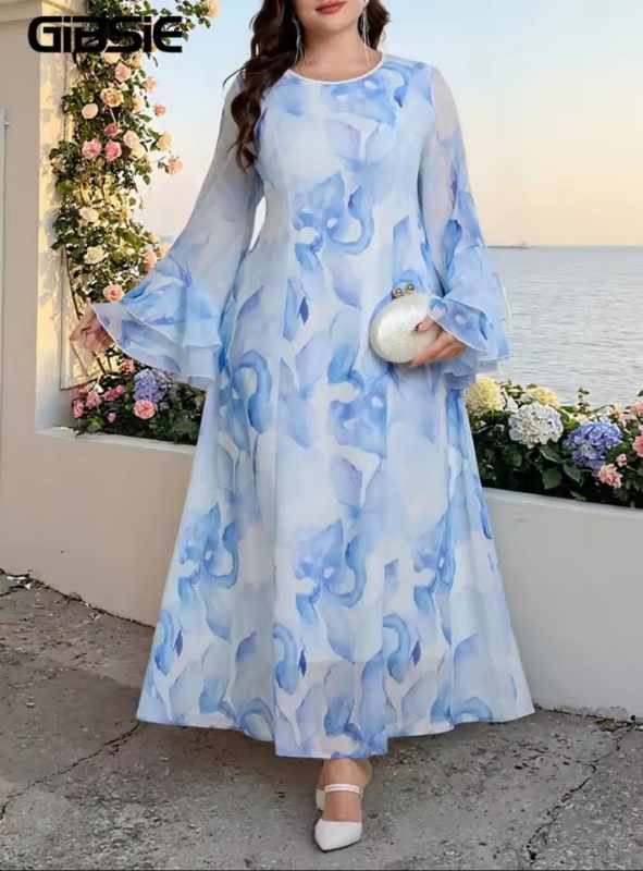 GIBSIE Plus Size Elegant Printed Layered Flared Sleeve A-Line Dress Women [Beauty]