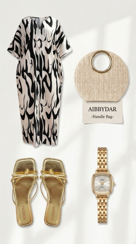 Look Boho Chic Completo: Abito Caftano + Borsa + Sandali + Orologio [Bohémien]