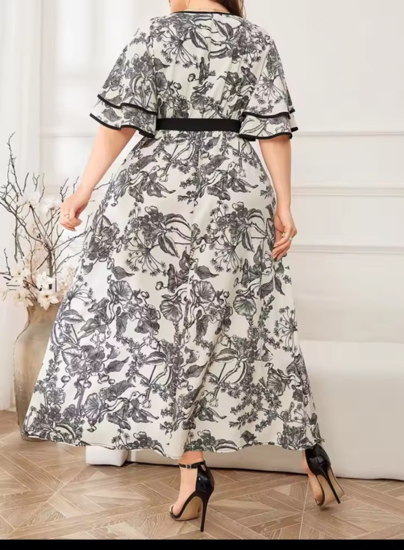 Plus Size Floral Print Tie Neck Bell Sleeve Belted Dress [Beauty]