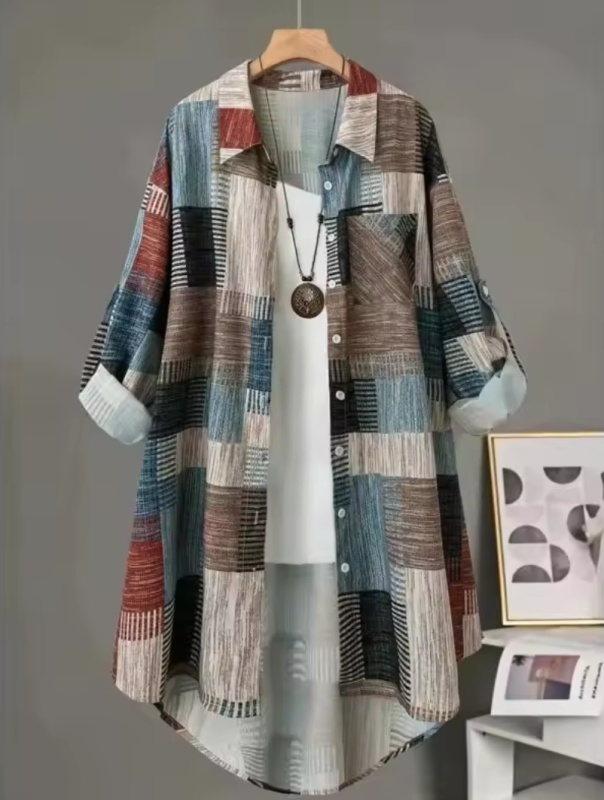 Plus Size New Women's Blouses Loose Vintage Stripe Plaid Shirt Lightweight Long Sleeve Travel Wear Elegant Top