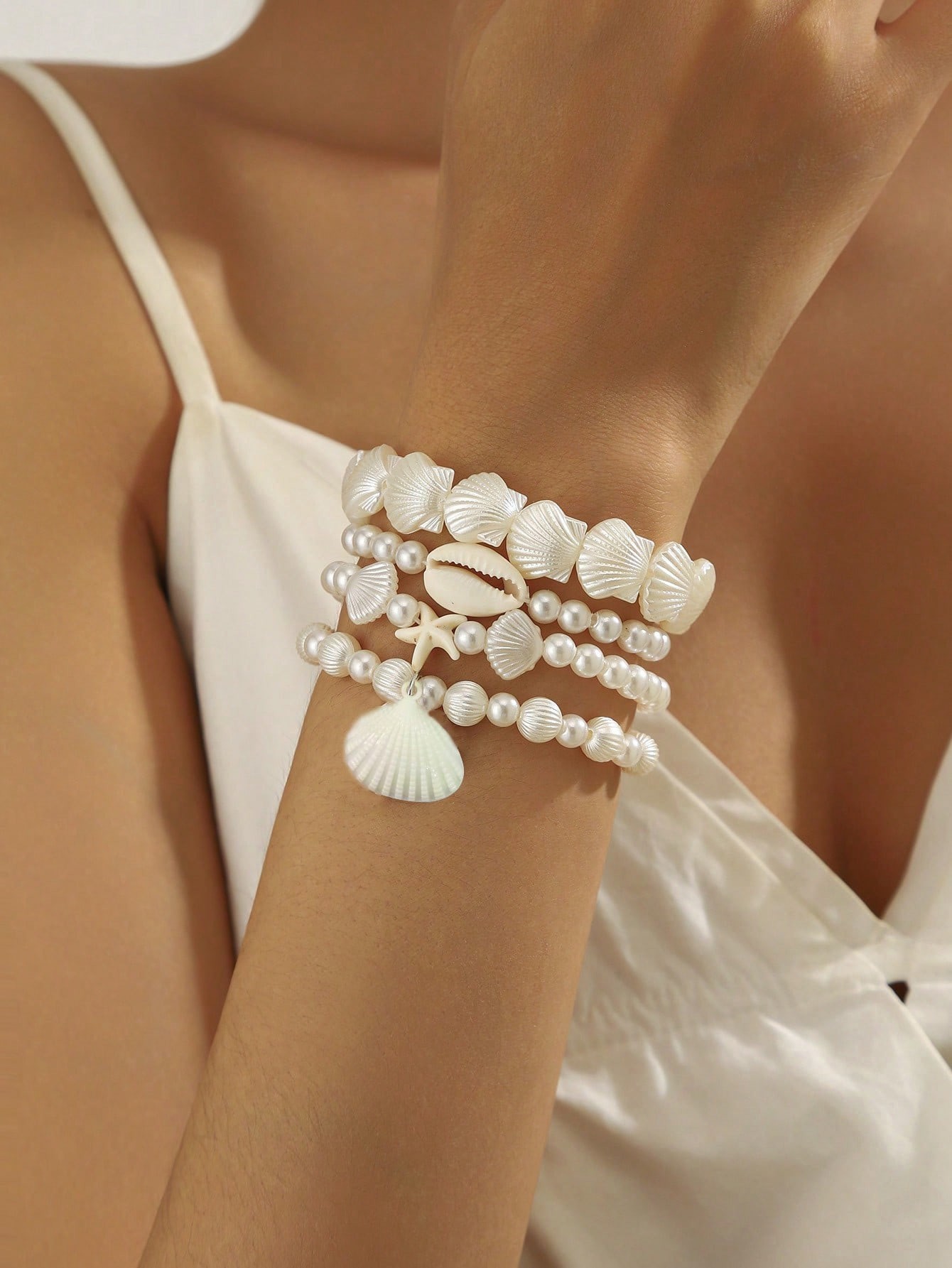Pulsera de Verano Decorada con Perla Falsa, Estrella de Mar y Concha, de Moda, Set de 4 Piezas