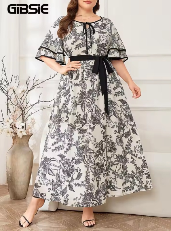Robe Grande Taille Imprimé Floral Col à Nouer Manches Cloche Ceinturée [Beauté]