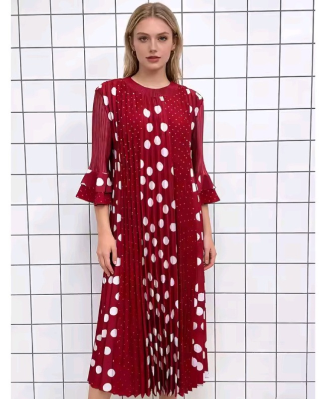 Robe longue ample à imprimé pois plissée pour femme [Beauté]