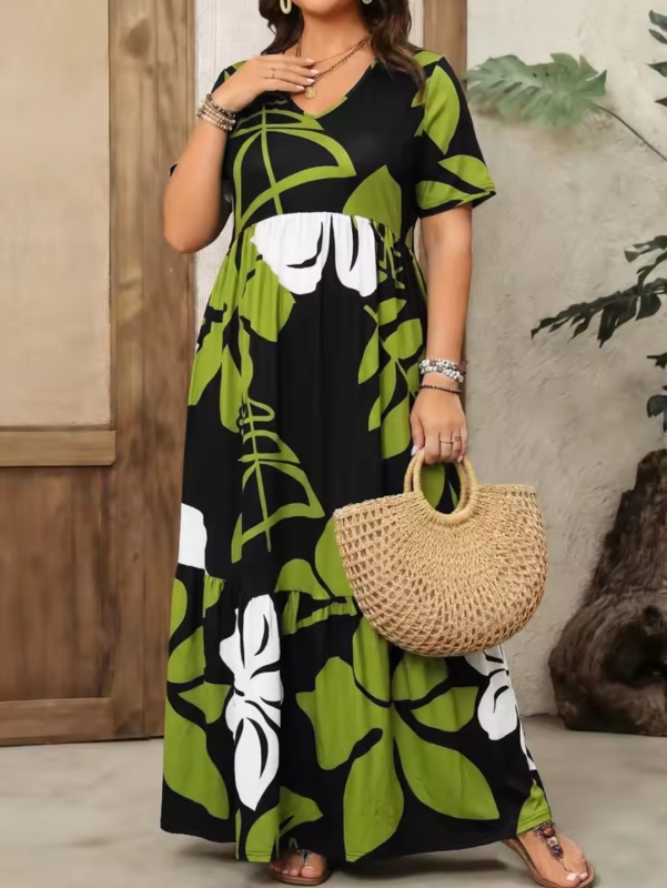 Robe Maxi Grande Taille Imprimé Floral Tropical Col en V à Étages [Décontracté]