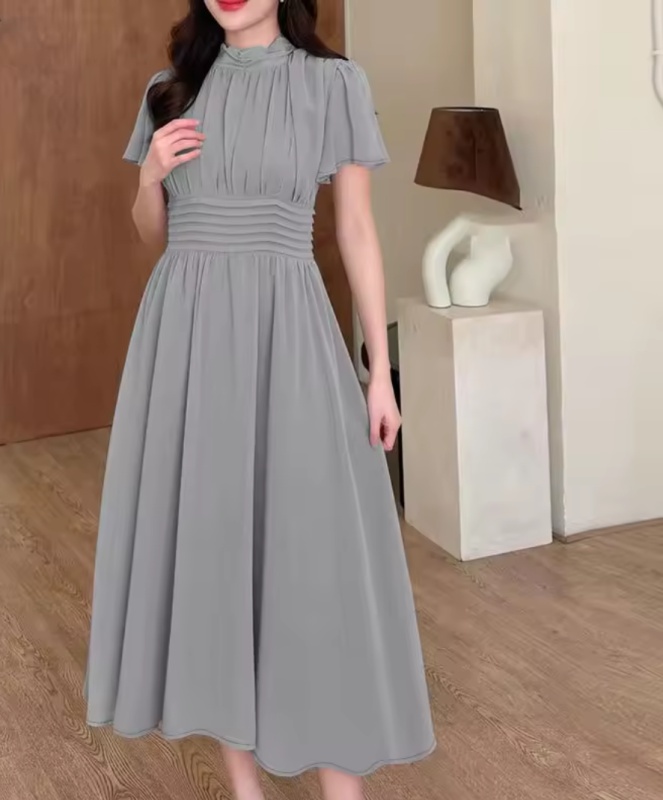 Robe Midi Élégante Femme Soirée Col Haut Manche Papillon Courte A-Line