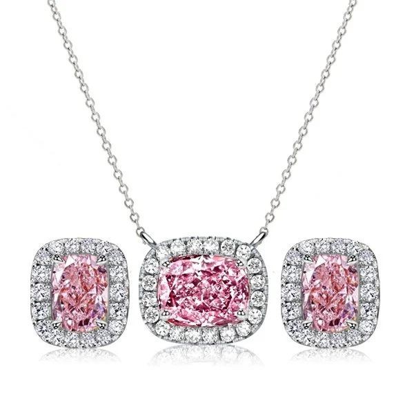 Set di Gioielli Collana e Orecchini Italo con Pietra Rosa Taglio Cushion Halo