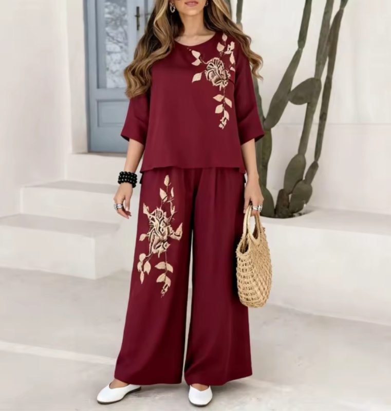 Top Pants With Pockets Women's Set Fashion Retro Embroidered 2PCS Elegant