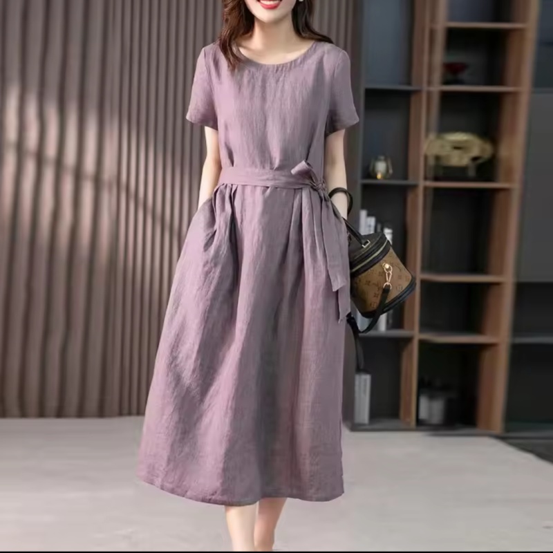 Vestido de Talla Grande para Mujeres Verano Casual Elegante de Manga Corta A-Line Algodón Lino Moda Dama de Oficina Nueva Llegada [Ropa deportiva]