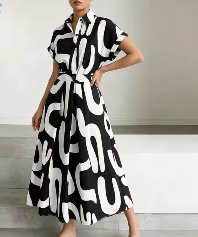 Vestido Estampado de Moda de Verão para Mulheres com Gola Lapela, Manga Curta, Roupa de Férias [Casual]