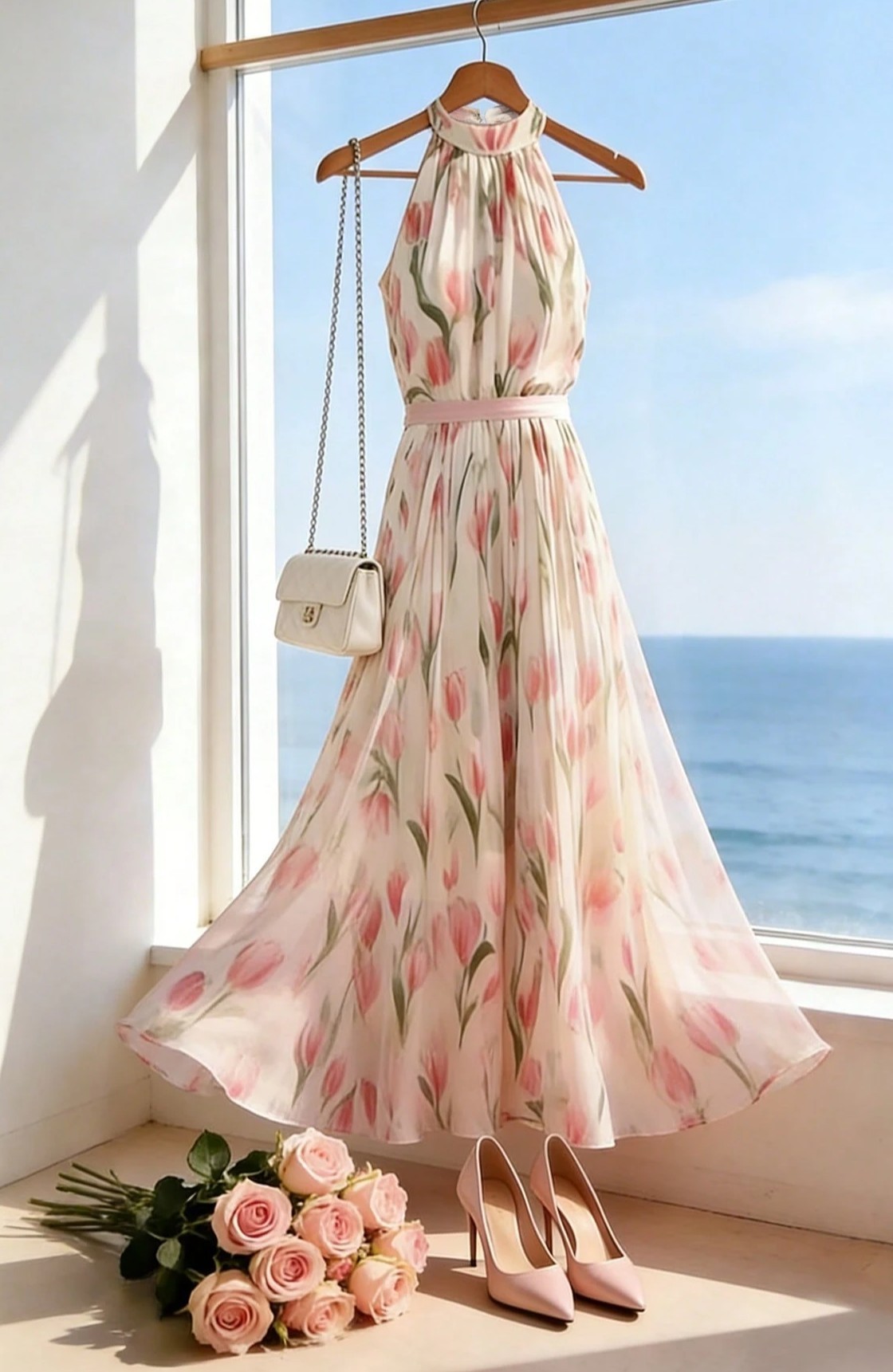 Women's Elegant Beige Floral Print Halter Neck Fitted Waist Dress
