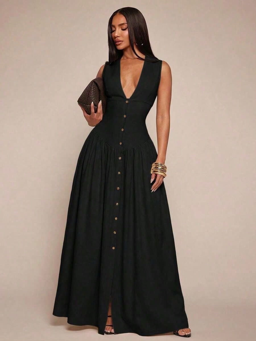 Women's Elegant Minimalist Khaki Linen-Look V-Neck Sleeveless Dress