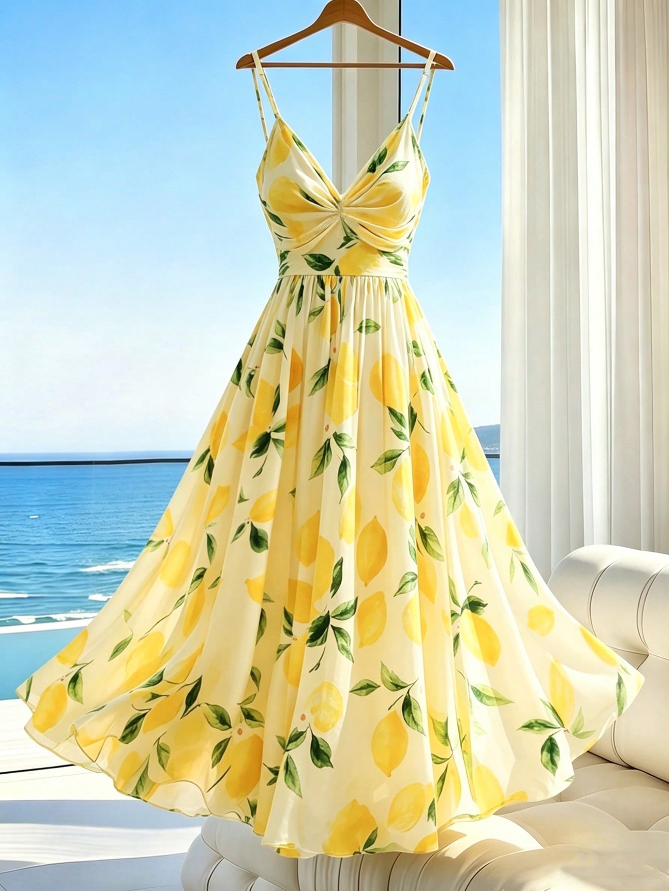 Women's Pale Yellow Lemon Floral Print Spaghetti Strap Maxi Dress