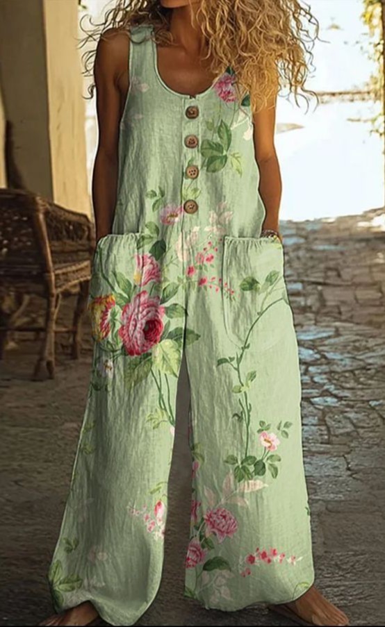 Women Floral Crew Neck Sleeveless Casual Summer Jumpsuit
