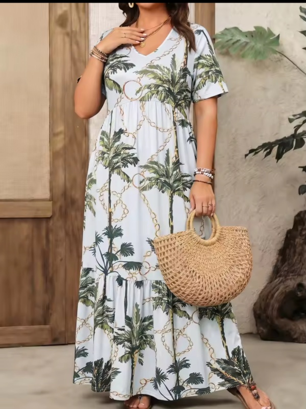 Women Plus Size Tropical Print Maxi Dress