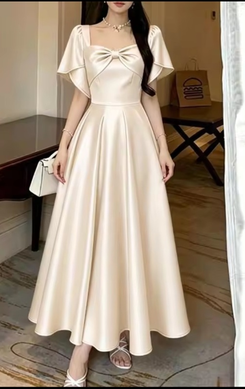 Women's Satin Maxi Dress Elegant Bow Detail Square Neck Short Petal Sleeve [Party]