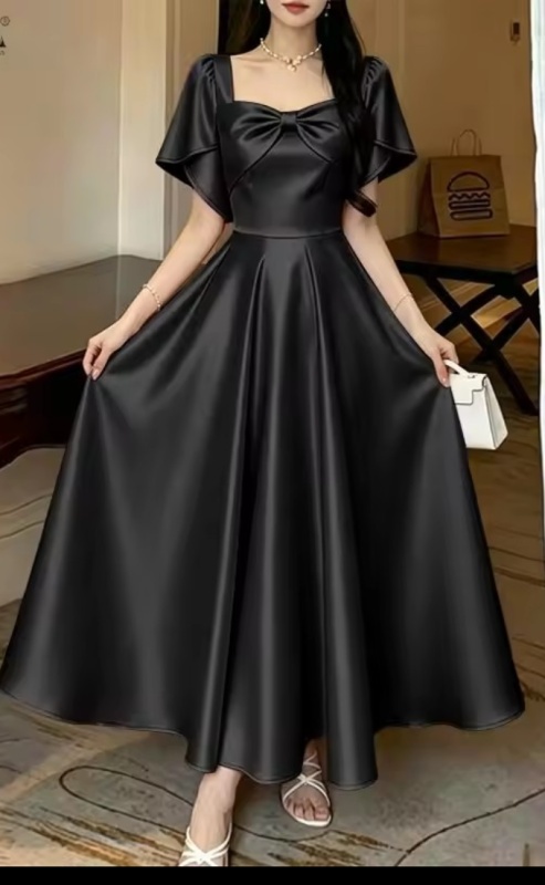 Women's Satin Maxi Dress Elegant Bow Detail Square Neck Short Petal Sleeve [Party]