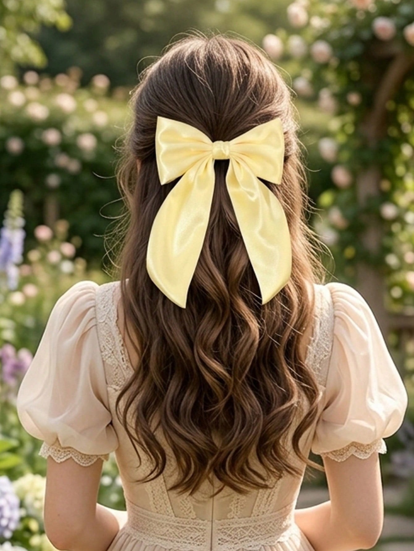 Yellow Ribbon Bow Hair Clip For Girls, Solid Color Elegant Gentle Hair Bow Accessory