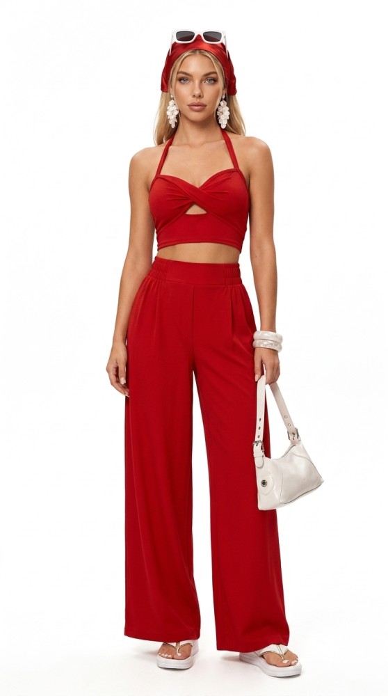 A vibrant, solid red two-piece matching set [Vacation]