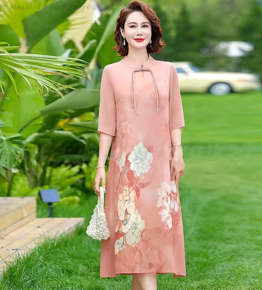 Abito Cheongsam Elegante Gentile da Donna Taglie Forti Stampato a Fiori [Bellezza]
