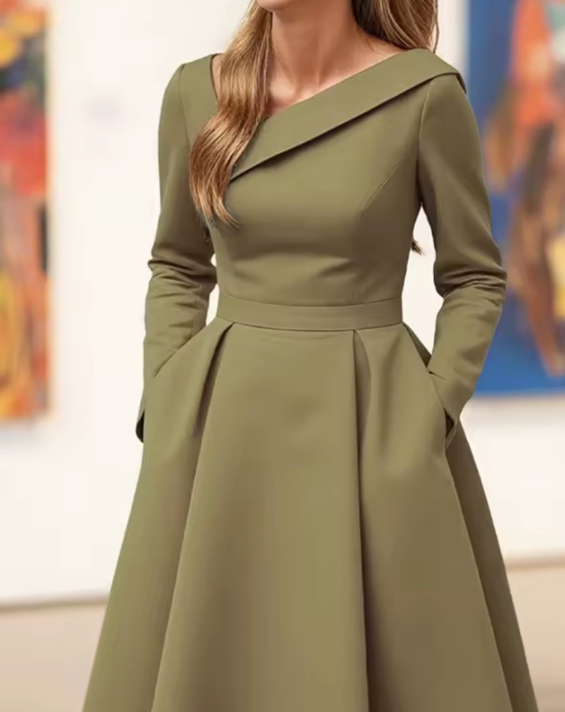 Abito elegante a-line da ospite di nozze con tasche outfit formale per evento nuziale [Vecchio Denaro]
