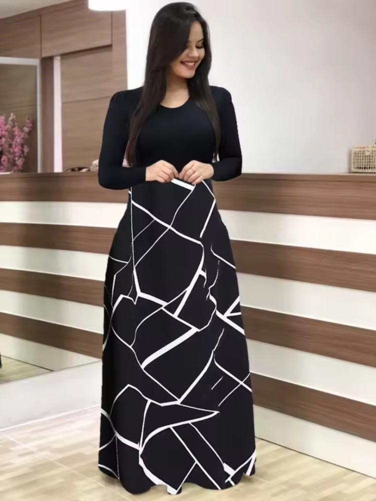 Abito Elegante Nero Bianco Stampa Semplice Mid-Stretch Elasticità Stiloso Gonna Affascinante Per Donne [Bellezza]