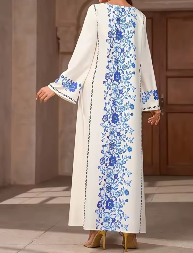 Casual and Elegant Women's Fashion Style-Floral Printed Solid-Colored Round-Neck Robe Dress [Beauty]