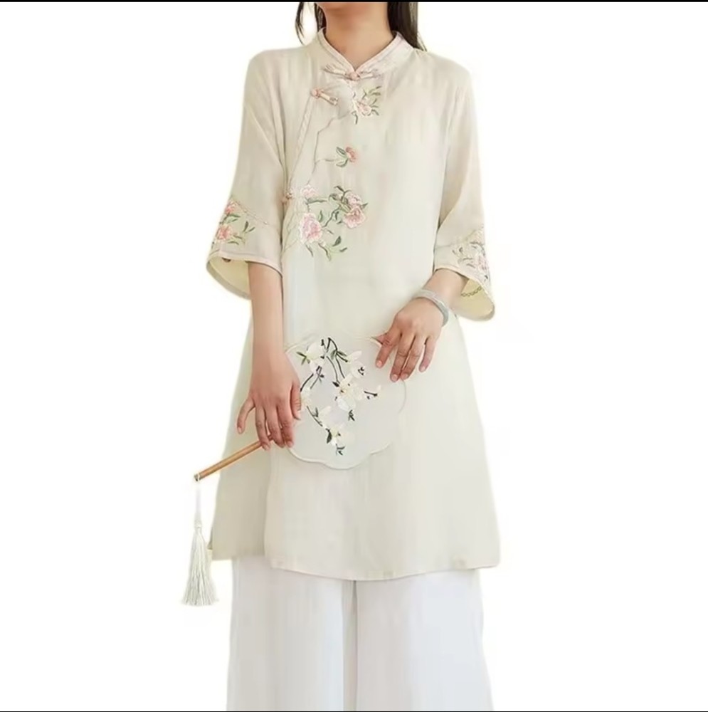 Chemise Midi Rétro Chinoise en Coton Lin Brodée Coupe Ample pour Femmes [Vêtements de sport]