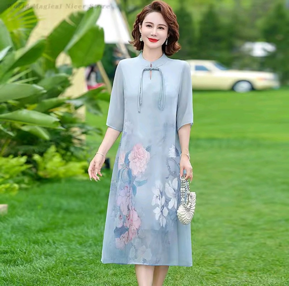 Elegant Gentle Cheongsam Women's Plus Size Printed Flower Dress [Beauty]