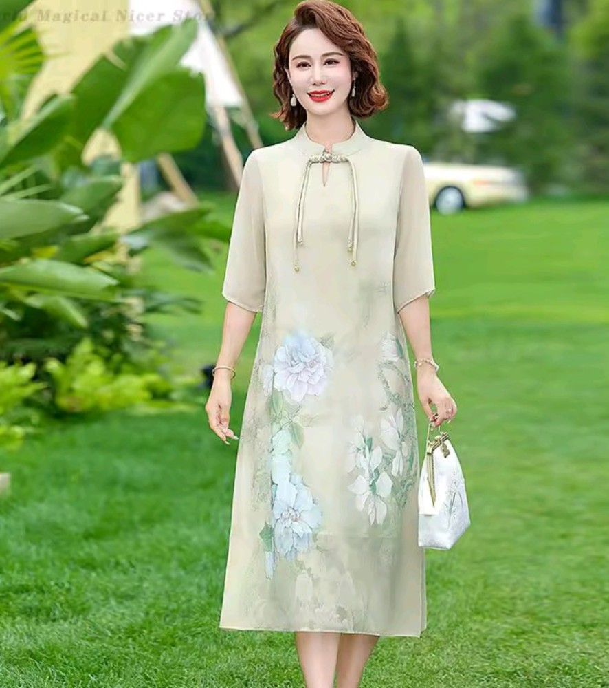 Elegant Gentle Cheongsam Women's Plus Size Printed Flower Dress [Beauty]