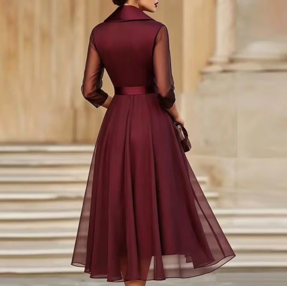 Elegant Lapel Ruffle Mesh Party Dress Women Spring Solid High Waist Bowknot Flowy Maxi [Beauty]