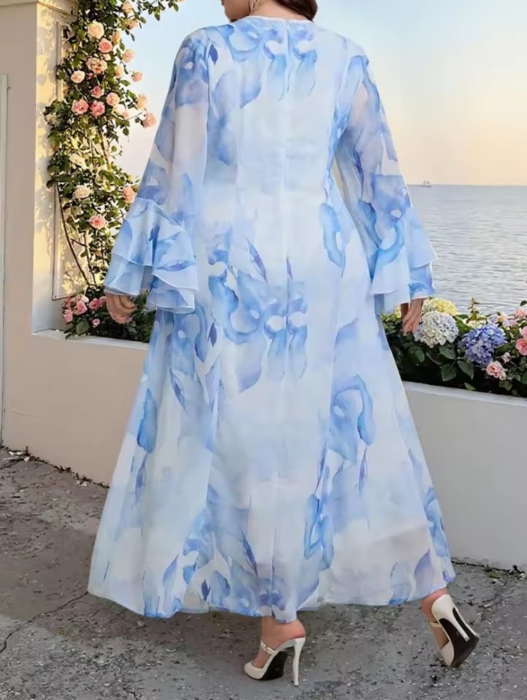 GIBSIE Robe Trapèze Femme Grande Taille Élégante Imprimée à Manches Évasées Superposées [Beauté]