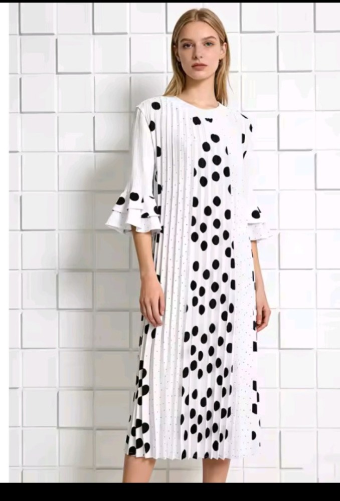 Loose Long Skirt Polka Dot Print Pleated Women's Dress [Beauty]