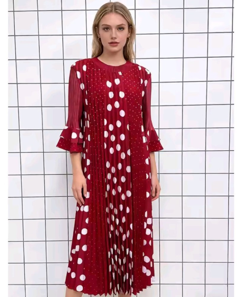 Loose Long Skirt Polka Dot Print Pleated Women's Dress [Beauty]