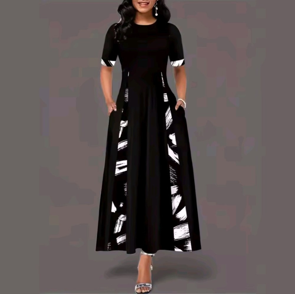 New Style Dress Fashion Round Neck Contrast Colour Mid-Sleeve Irregular Long Dress [Beauty]