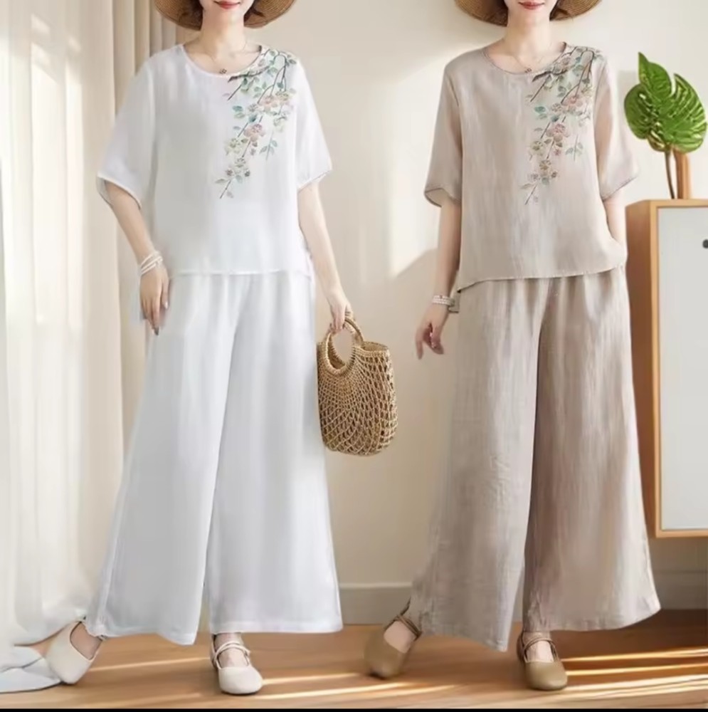 Retro Embroidered Round Neck Cotton Linen Set [Activewear]