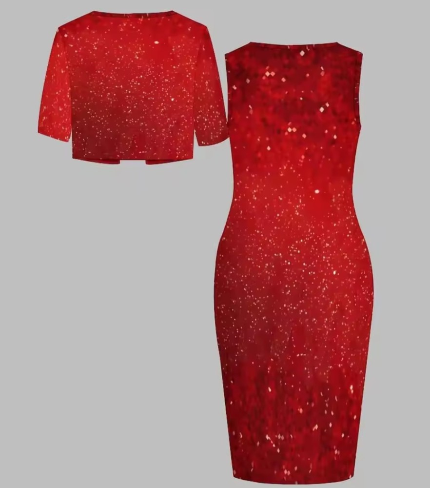 Talla Grande 2pcs Abrigo de Manga Corta de Moda para Mujer Cuello Redondo Faldas Ajustadas Diseño Impreso [Noche de cita]
