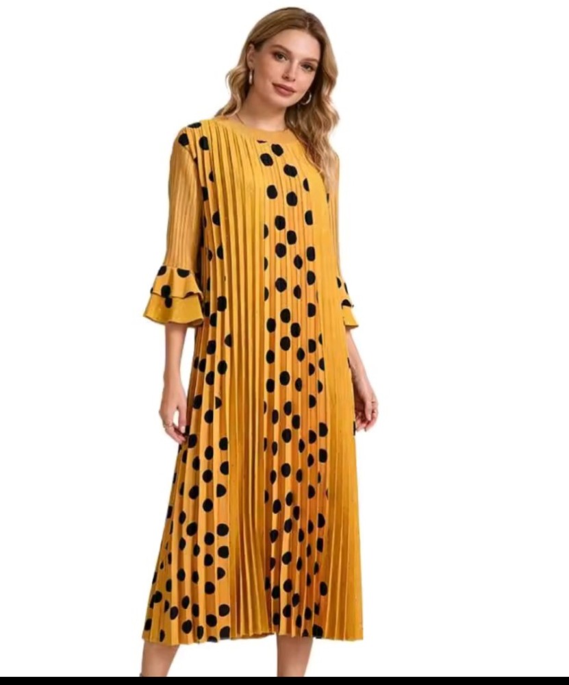 Vestido de Mujer con Falda Larga Suelta, Estampado de Lunares y Plisado [Belleza]