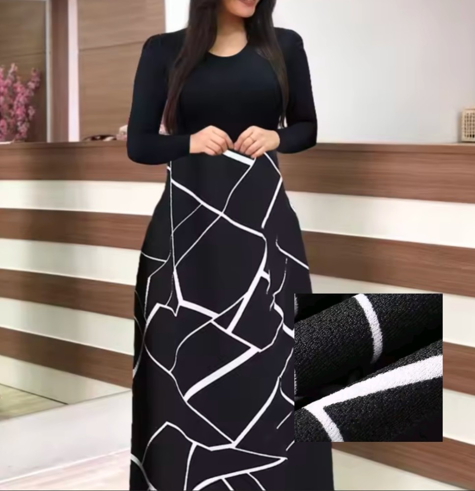 Vestido Elegante Negro Blanco Estampado Simple de Media Elasticidad Estiloso con Elasticidad Falda Atractiva Para Mujeres [Belleza]