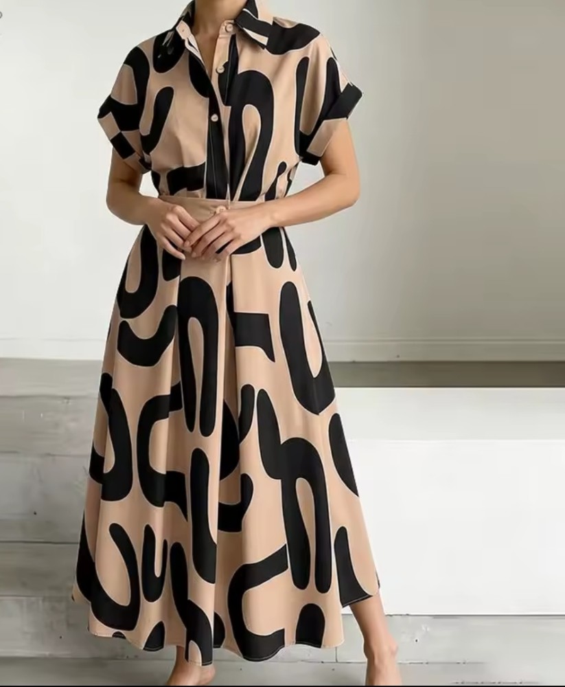 Vestido Estampado de Moda de Verão para Mulheres com Gola Lapela, Manga Curta, Roupa de Férias [Casual]