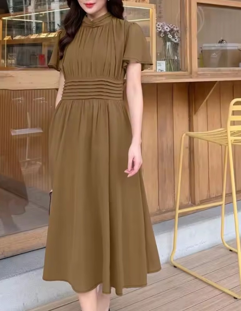 Vestido Midi Elegante de Fiesta para Mujer Cuello Alto Manga Corta Mariposa A-Line [Belleza]