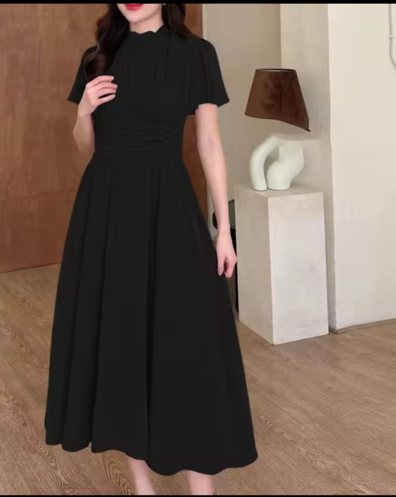 Vestido Midi Elegante de Fiesta para Mujer Cuello Alto Manga Corta Mariposa A-Line [Belleza]