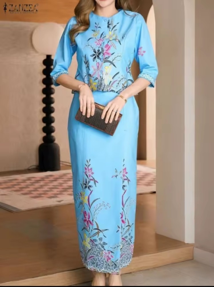Vintage Floral Printing   2 Pieces Skirt Sets Women Elegant 3/4 Sleeve [Activewear]